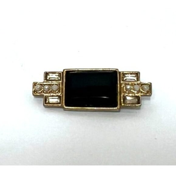 Vintage Art Deco Gold-Tone Black Glass & Faux Pearl Brooch Pin - Picture 1 of 3